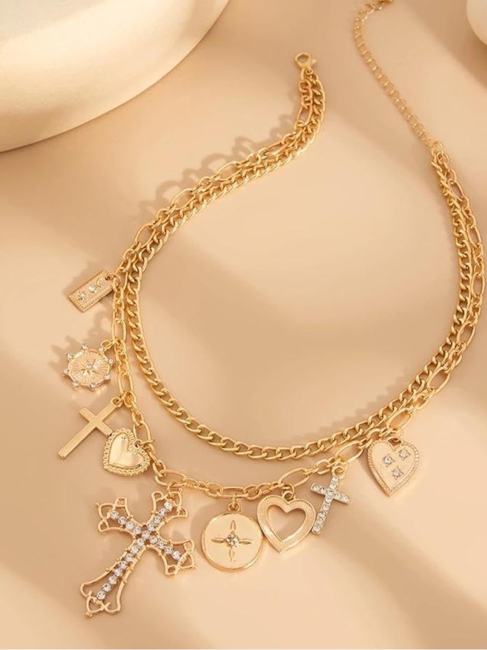 Anthropologie Gold Layered Charm Necklace with Crosses & Hearts - Picture 5 of 8